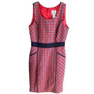 Constructed Sheath Dress with‎ Pockets Red and Grey Checkered Print Wool Blend